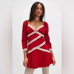 Free People Tennley Corduroy Mini Dress XS Red with white lace detail